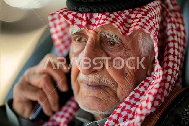 استخدام الأجهزة السلكية للتواصل مع الأصدقاء والأقارب،  إجراء مكالمة صوتية بايماءات الحزن واليأس، صورة مقربة لرجل كبير بالسن عربي سعودي خليجي يرتدي الشماغ يقوم باستخدام الهاتف الثابت، استخدام الأجهزة والتقنيات الحديثة والمتطورة