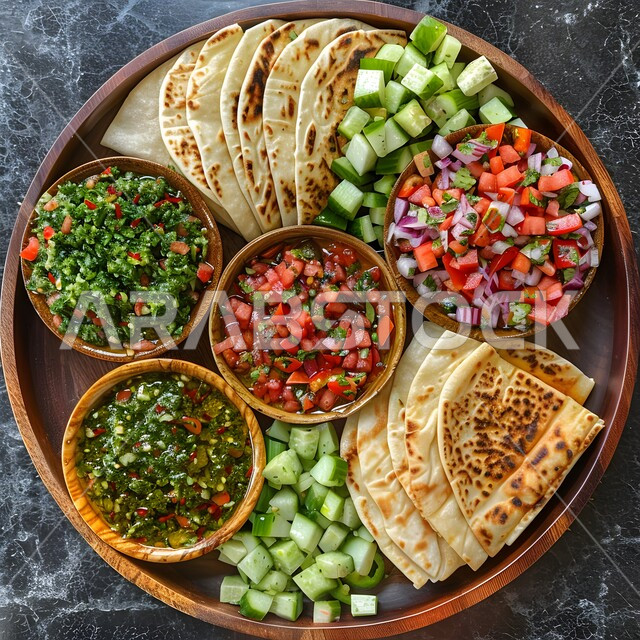 الخضروات المقطعة والسلطات الطازجة مع أرغفة الخبز الساخنة، الأصناف والمقبلات اللذيذة، سفرة من المأكولات الشعبية التقليدية الشهية، وجبة الفطور المتنوعة والمغذية، تقديم الأطعمة المختلفة في مطاعم المملكة العربية السعودية، فن تقديم الطعام في المطابخ الشرقية