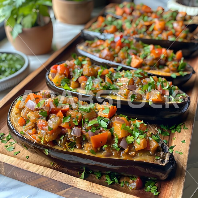 طبق من الباذنجان المطبوخ بصلصة الطماطم مع قطع الخضروات المشكلة، الخضار الطازجة الغنية بالفيتامينات، أطعمة وأطباق شهيرة في المطبخ السعودي، أكلات شعبية عربية خليجية، وجبة كباب الباذنجان باللحم الشهي، مطاعم المملكة العربية السعودية