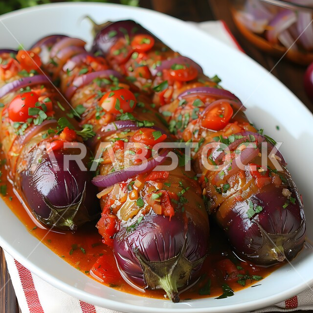 طبق من الباذنجان المطبوخ بصلصة الطماطم مع قطع الخضروات المشكلة، الخضار الطازجة الغنية بالفيتامينات، أطعمة وأطباق شهيرة في المطبخ السعودي، أكلات شعبية عربية خليجية، وجبة كباب الباذنجان باللحم الشهي، مطاعم المملكة العربية السعودية