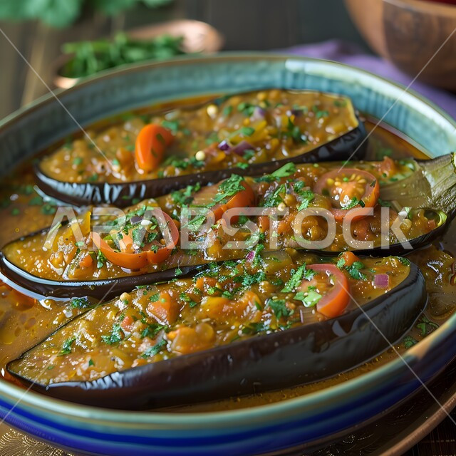 طبق من الباذنجان المطبوخ بصلصة الطماطم مع قطع الخضروات المشكلة، الخضار الطازجة الغنية بالفيتامينات، أطعمة وأطباق شهيرة في المطبخ السعودي، أكلات شعبية عربية خليجية، وجبة كباب الباذنجان باللحم الشهي، مطاعم المملكة العربية السعودية