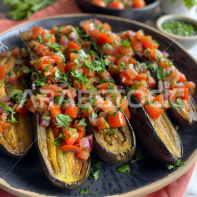 طبق من الباذنجان المطبوخ بصلصة الطماطم مع قطع الخضروات المشكلة، الخضار الطازجة الغنية بالفيتامينات، أطعمة وأطباق شهيرة في المطبخ السعودي، أكلات شعبية عربية خليجية، وجبة كباب الباذنجان باللحم الشهي، مطاعم المملكة العربية السعودية