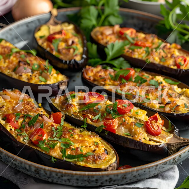 طبق من الباذنجان المطبوخ بصلصة الطماطم مع قطع الخضروات المشكلة، الخضار الطازجة الغنية بالفيتامينات، أطعمة وأطباق شهيرة في المطبخ السعودي، أكلات شعبية عربية خليجية، وجبة كباب الباذنجان باللحم الشهي، مطاعم المملكة العربية السعودية