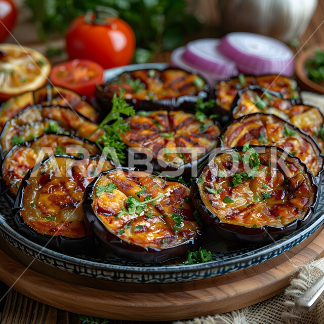 طبق من شرائح الباذنجان المقلية المزينة بالأوراق الخضراء، الخضار الطازجة الغنية بالفيتامينات، أطعمة وأطباق شهيرة في المطبخ السعودي، أكلات شعبية عربية خليجية، وجبة الباذنجان المفيدة ذات القيم العالية، مطاعم المملكة العربية السعودية