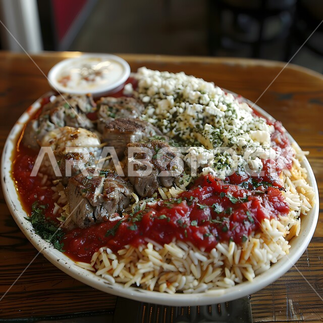 طبق من الأرز المقدم مع شرائح اللحم المشوية بجانب الخضروات المقطعة والصوص الحار، وجبات غداء تقليدية غنية بالنكهات المميزة، وصفات الطعام الشعبية في المملكة العربية العربية السعودية، فن التقديم في المطاعم والمطابخ الشرقية، أطباق صحية ومفيدة ذات قيم عالية