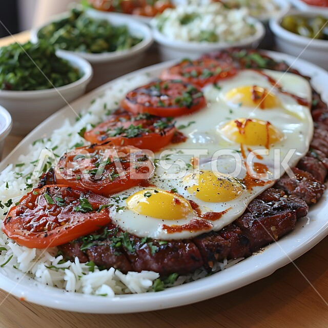 طبق من الأرز المقدم مع شرائح اللحم المشوية المغطاة بالبيض المقلي بجانب قطع الطماطم، وجبات غداء تقليدية غنية بالنكهات المميزة، وصفات الطعام الشعبية في المملكة العربية العربية السعودية، فن التقديم في المطاعم والمطابخ الشرقية، أطباق صحية ومفيدة ذات قيم عالية
