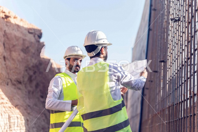 مقاول ومشرف العمل يرتديان خوذة وسترة خاصة بالعمل، عربيان خليجيان سعوديان يناقشان ورقة مخطط البناء ،اشراف ومتابعة العمل ، متابعة استراتيجية المشروع ، التصاميم المعمارية والانشائية