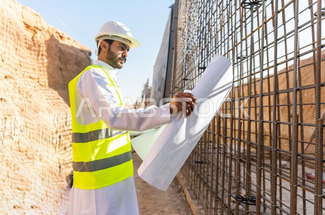 مشرف العمل عربي خليجي سعودي يرتدي خوذة وسترة خاصة بالعمل ، يمسك بيده ورقة مخطط البناء ، التصاميم المعمارية والانشائية ،الاشراف على العمل في موقع البناء ، متابعة استراتيجية المشروع