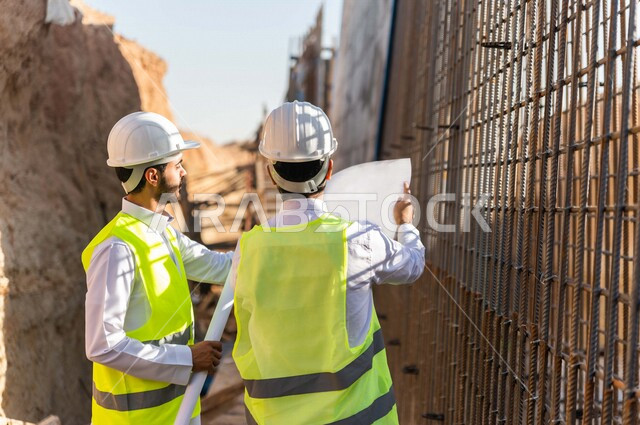 مقاول ومشرف العمل يرتديان خوذة وسترة خاصة بالعمل، عربيان خليجيان سعوديان يناقشان ورقة مخطط البناء ،اشراف ومتابعة العمل ، متابعة استراتيجية المشروع ، التصاميم المعمارية والانشائية