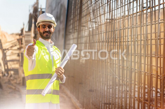 مشرف العمل عربي خليجي سعودي يرتدي خوذة وسترة خاصة بالعمل ، يمسك بيده ورقة مخطط البناء ، التصاميم المعمارية والانشائية ،الاشراف على العمل في موقع البناء ، متابعة استراتيجية المشروع