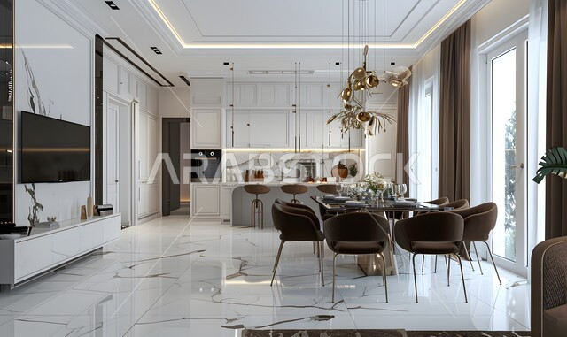 Dining table with elegant chairs in villas and residential apartments, modern interior decorations for dining room, living rooms with luxurious modern designs, high-end home furniture for hotels and resorts in Saudi Arabia, huge glass facades