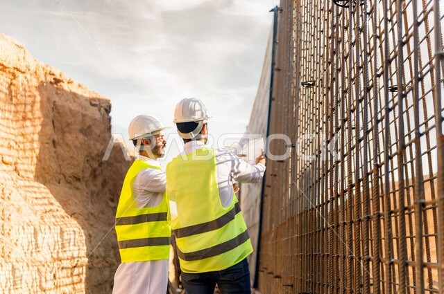 A contractor and a work supervisor wearing a work helmet and jacket, two Saudi Arabian Gulf states discussing the building plan paper, supervising and following up on work, following up on the project strategy, architectural and construction designs