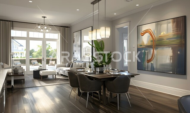 طاولة سفرة مع كراسي أنيقة في الفلل والشقق السكنية، ديكورات داخلية حديثة لغرفة طعام، غرف معيشة بتصاميم عصرية فاخرة، أثاث منزلي راقي للفنادق والمنتجعات في المملكة العربية السعودية، الواجهات الزجاجية الضخمة