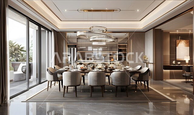 طاولة سفرة مع كراسي أنيقة في الفلل والشقق السكنية، ديكورات داخلية حديثة لغرفة طعام، غرف معيشة بتصاميم عصرية فاخرة، أثاث منزلي راقي للفنادق والمنتجعات في المملكة العربية السعودية، الواجهات الزجاجية الضخمة