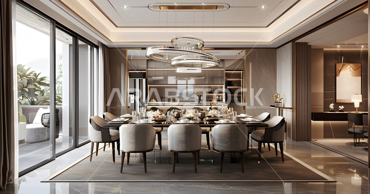 Dining table with elegant chairs in villas and residential apartments ...