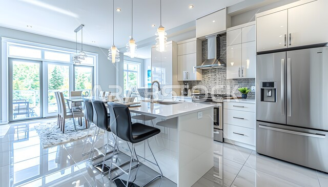 Dining table with elegant chairs in the kitchen, modern interior decorations for dining room in villas and residential apartments, high-end home furniture for hotels and resorts in Saudi Arabia, huge glass facades