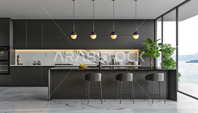 Dining table with elegant chairs in the kitchen, modern interior decorations for dining room in villas and residential apartments, high-end home furniture for hotels and resorts in Saudi Arabia, huge glass facades