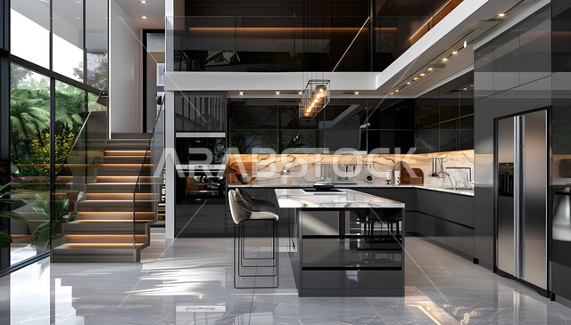 تصاميم وديكورات داخلية فاخرة للمطابخ في الفنادق والمنتجعات، تصميم داخلي لمطبخ عصري، الفن الهندسي المعماري على الطراز الحديث، الفلل والشقق السكنية في المملكة العربية السعودية، الواجهات الزجاجية الضخمة