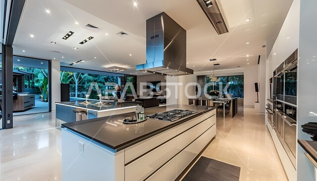 Luxury interior designs and decorations for kitchens in hotels and resorts, modern interior design for a contemporary kitchen, modern architectural art, villas and residential apartments in Saudi Arabia, huge glass facades