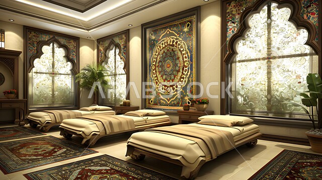 غرفة نوم بتصاميم تقليدية مع مجموعة من الأسرة المريحة، شقق وفلل سكنية، تصميمات وديكورات داخلية على الطراز القديم، غرف بأثاث منزلي أنيق، الفنادق والمنتجعات التراثية في المملكة العربية السعودية، الواجهات الزجاجية الضخمة