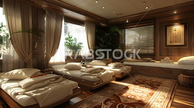 غرفة نوم بتصاميم تقليدية مع مجموعة من الأسرة المريحة، شقق وفلل سكنية، تصميمات وديكورات داخلية على الطراز القديم، غرف بأثاث منزلي أنيق، الفنادق والمنتجعات التراثية في المملكة العربية السعودية، الواجهات الزجاجية الضخمة