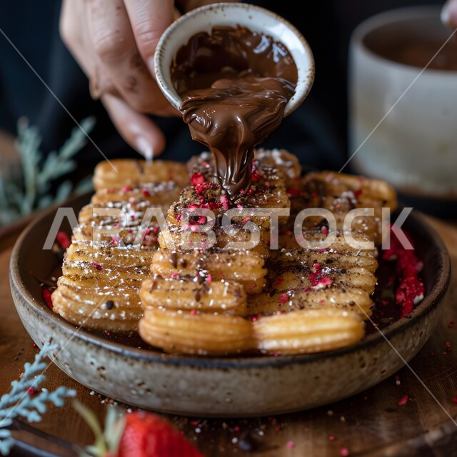 الأساليب الفنية في تقديم الطعام، مأكولات غنية بالسكريات والسعرات الحرارية, مخبوزات الحلوى الشهية, صورة مقربة لقطع تشورو لذيذ مغطى بالشوكولاتة