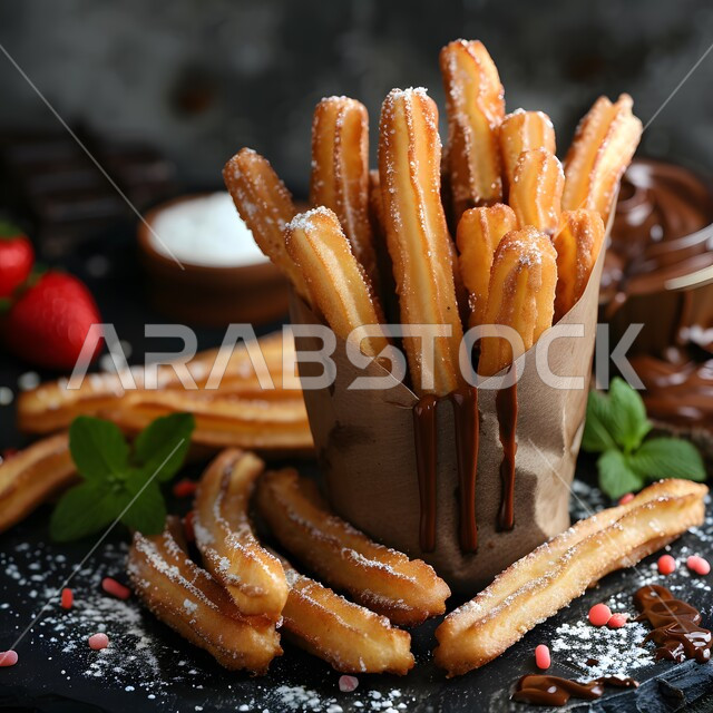 مخبوزات الحلوى الشهية, الأساليب الفنية في تقديم الطعام، مأكولات غنية بالسكريات والسعرات الحرارية, صورة مقربة لقطع تشورو لذيذ مع صلصة الشوكولاتة والسكر البودرة