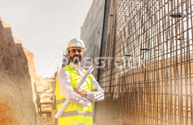 مشرف العمل عربي خليجي سعودي يرتدي خوذة وسترة خاصة بالعمل ، يمسك بيده ورقة مخطط البناء ، التصاميم المعمارية والانشائية ،الاشراف على العمل في موقع البناء ، متابعة استراتيجية المشروع