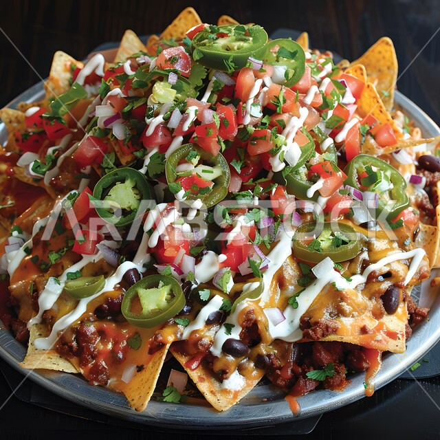 الأساليب الفنية لتقديم أطباق الأطعمة اللذيذة, وصفات طعام خفيفة, وجبات المأكولات السريعة الشهية، صورة مقربة لطبق ناتشوز محشوة بالجبن و الخضار