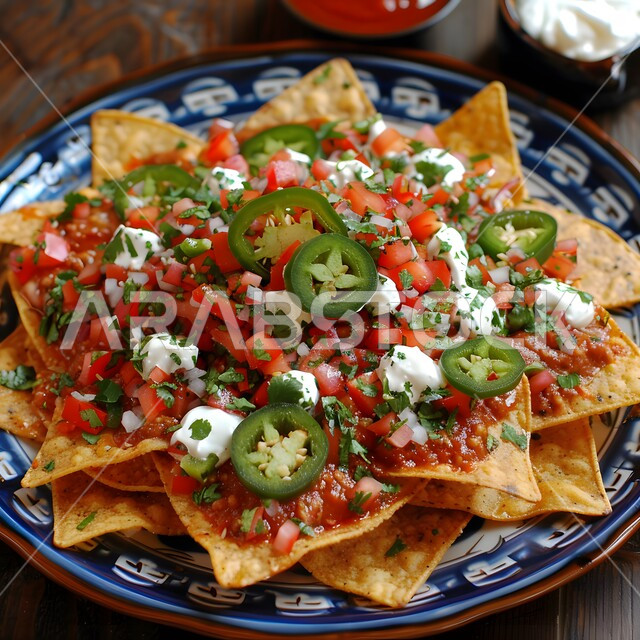 وصفات طعام خفيفة, الأساليب الفنية لتقديم أطباق الأطعمة اللذيذة, وجبات المأكولات السريعة الشهية، صورة مقربة لطبق ناتشوز محشوة بالجبن و الخضار