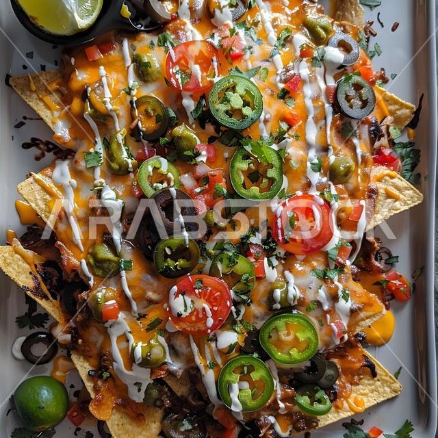 وجبات المأكولات السريعة الشهية، وصفات طعام خفيفة, الأساليب الفنية لتقديم أطباق الأطعمة اللذيذة، صورة مقربة لطبق ناتشوز محشوة بالجبن و الخضار