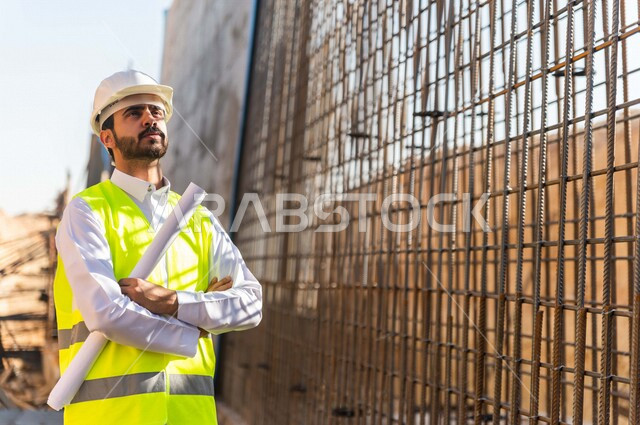 مشرف العمل عربي خليجي سعودي يرتدي خوذة وسترة خاصة بالعمل ، يمسك بيده ورقة مخطط البناء ، التصاميم المعمارية والانشائية ،الاشراف على العمل في موقع البناء ، متابعة استراتيجية المشروع