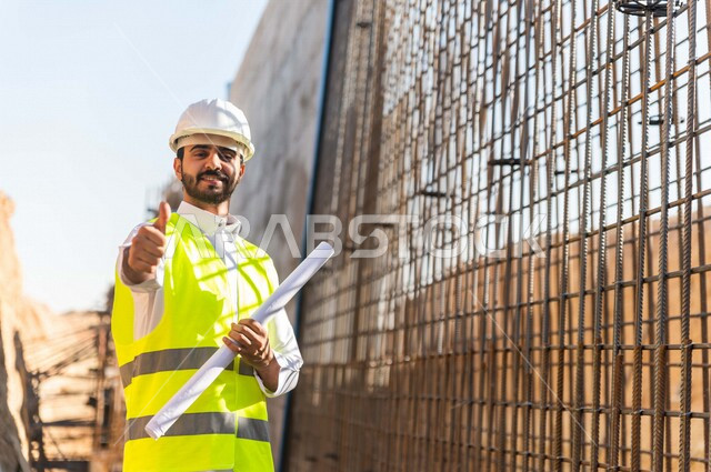 مشرف العمل عربي خليجي سعودي يرتدي خوذة وسترة خاصة بالعمل ، يمسك بيده ورقة مخطط البناء ، التصاميم المعمارية والانشائية ،الاشراف على العمل في موقع البناء ، متابعة استراتيجية المشروع