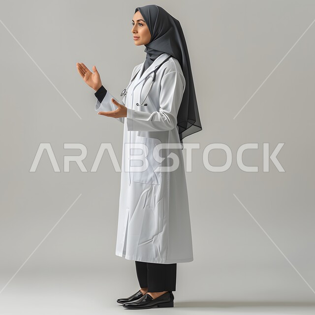 تقديم الخدمات العلاجية والاستشارات في المستشفيات والمراكز الصحية، وظائف ومهن نسائية في القطاع الطبي، بورتريه لطبيبة عربية خليجية سعودية محجبة ترتدي المعطف الابيض ترفع يديها بإيماءات الشرح والتوضيح، صورة الجسم بالطول الكامل، خلفية رمادية