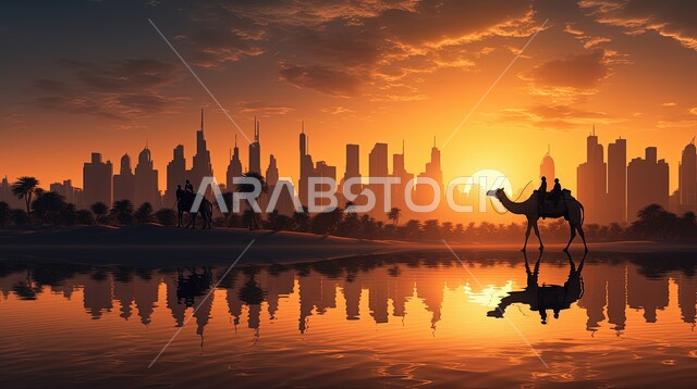 انعكاس صورة الأبراج وناطحات السحاب المشهورة على البحر وقت غروب الشمس في دولة الإمارات، التقدم والنمو والتوسع العمراني، الفن الهندسي المعماري للمباني والمنشآت المطلة على الكورنيش، معالم دبي السياحية، عبور جمل صحراء دولة الإمارات يدل على مزج الحضارة مع الأصالة 