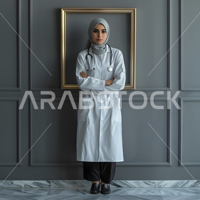 الاهتمام بالأناقة والمظهر الخارجي، العمل في القطاع الطبي، تقديم الخدمات العلاجية في المستشفيات والمراكز الصحية، بورتريه لطبيبة عربية خليجية سعودية محجبة ترتدي المعطف الابيض تنظر الى الكاميرا بإيماءات الثقة بالنفس، صورة الجسم بالطول الكامل، خلفية رمادية