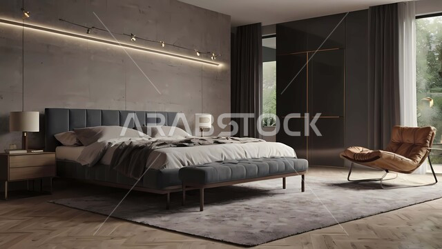 Modern interior designs and decorations, a bedroom with modern, luxurious designs with a comfortable bed and excellent lighting at night, residential apartments and villas, rooms with upscale home furnishings, elegant hotels and resorts in the Kingdom of Saudi Arabia