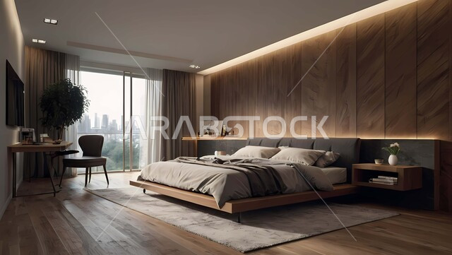 تصميمات وديكورات داخلية حديثة، غرفة نوم بتصاميم عصرية فاخرة مع سرير مريح واضاءة متميزة ليلا، شقق وفلل سكنية، غرف بأثاث منزلي راقي ، فنادق ومنتجعات أنيقة في المملكة العربية السعودية