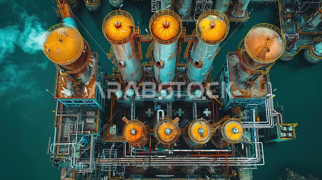 هندسات ومعدات صناعية، مصنع تكرير النفط والغاز في المنطقة الصناعية، خطوط الأنابيب والكابلات الفولاذية، صناعات ومشاريع بيتروكيماوية، صورة جوية من الأعلى لمحطات توليد الكهرباء وتكرار النفايات في ميناءات المملكة العربية السعودية، مستودعات ضخمة و كبيرة
