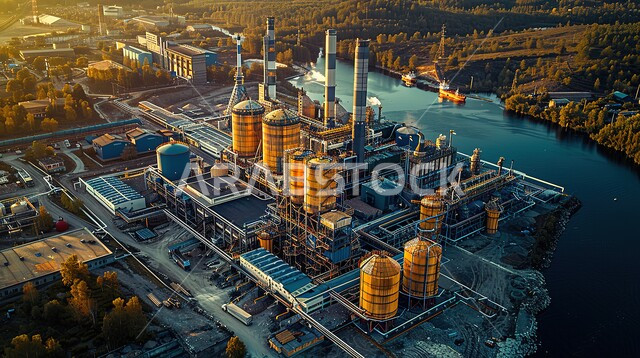هندسات ومعدات صناعية، مصنع تكرير النفط والغاز في المنطقة الصناعية، خطوط الأنابيب والكابلات الفولاذية، صناعات ومشاريع بيتروكيماوية، صورة جوية من الأعلى لمحطات توليد الكهرباء وتكرار النفايات في ميناءات المملكة العربية السعودية، مستودعات ضخمة و كبيرة