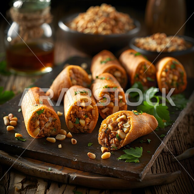 لفائف اللحم الساخنة والمقرمشة مع حبات المكسرات الطازجة، إتقان مهارة إعداد المخبوزات والمعجنات في مطابخ المملكة، طبق من الفطائر الصحية المخبوزة الشهية، فن تقديم الأطباق في مطاعم السعودية، وصفات البرك باللحمة الهشة واللذيذة، وجبات فطور مغذية ومشبعة