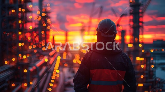 مصانع تكرير البترول في المملكة العربية السعودية، مفهوم العمل في القطاع الهندسي الصناعي، صورة ظليلية لمهندس عربي خليجي سعودي يرتدي خوذة وسترة الحماية يقوم بالاشراف على عمل الآلات، جودة المعدات في معامل استخرج النفط، التقنيات الحديثة في انتاج الزيوت والغاز 