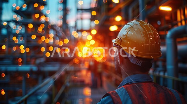 مصانع تكرير البترول في المملكة العربية السعودية، مفهوم العمل في القطاع الهندسي الصناعي، صورة ظليلية لمهندس عربي خليجي سعودي يرتدي خوذة وسترة الحماية يقوم بالاشراف على عمل الآلات، جودة المعدات في معامل استخرج النفط، التقنيات الحديثة في انتاج الزيوت والغاز 