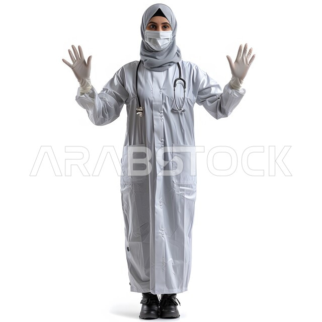 الالتزام بالإجراءات الوقائية والاحترازية، بورتريه لطبيبة عربية خليجية سعودية محجبة ترتدي المعطف الابيض تنظر الى الكاميرا ترفع يديها للاعلى بإيماءات التوقف وعدم الاقتراب، التوعيه من مخاطر كوفيد 19، صورة الجسم بالطول الكامل، خلفية بيضاء