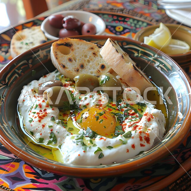 Nutritious and filling breakfast meals, a plate of yogurt decorated with dried mint leaves and oil next to fresh bread slices, local national products from the bounties of the Kingdom of Saudi Arabia, traditional popular dishes, light and delicious snacks