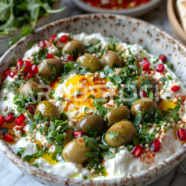 وجبات الفطور المغذية والمشبعة، طبق من لبن الزبادي المزين بحبات الزيتون الخضراء الطازجة والرمان الشهي، منتجات محلية وطنية من خيرات المملكة العربية السعودية، الأكلات التقليدية الشعبية، سناكات خفيفة ولذيذة