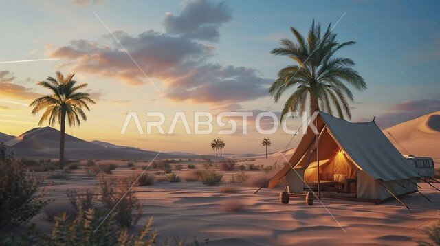 خيمة بدوية شعبية وسط الصحراء، قضاء أوقات ممتعة بالتخييم في صحاري المملكة العربية السعودية, جلسة بر شبابية تحت شجرة نخيل، التضاريس والرمال الذهبية الناعمة في وضح النهار، مخيمات سياحية في المناطق البرية