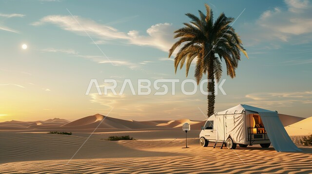 خيمة بدوية شعبية وسط الصحراء، قضاء أوقات ممتعة بالتخييم في صحاري المملكة العربية السعودية, جلسة بر شبابية تحت شجرة نخيل، التضاريس والرمال الذهبية الناعمة في وضح النهار، مخيمات سياحية في المناطق البرية