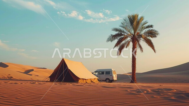 خيمة بدوية شعبية وسط الصحراء، قضاء أوقات ممتعة بالتخييم في صحاري المملكة العربية السعودية, جلسة بر شبابية تحت شجرة نخيل، التضاريس والرمال الذهبية الناعمة في وضح النهار، مخيمات سياحية في المناطق البرية