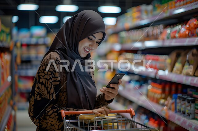 الاستمتاع بالتسوق والشراء من المول, بورتريه امرأة عربية خليجية سعودية مبتسمة محجبة ترتدي  العباءة السوداء تنظر إلى الهاتف المحمول بإيماءات الفرح والسرور, الاستفادة من العروض والتخفيضات.